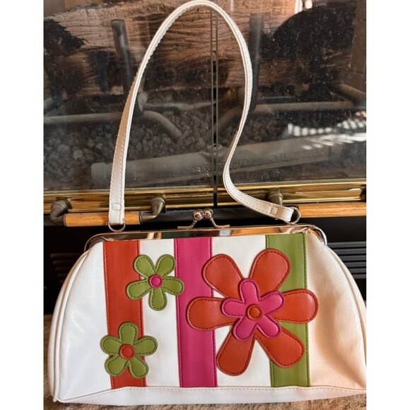 Vintage White and Floral Leather Bag Chateau Kiss Lock - Picture 1 of 6